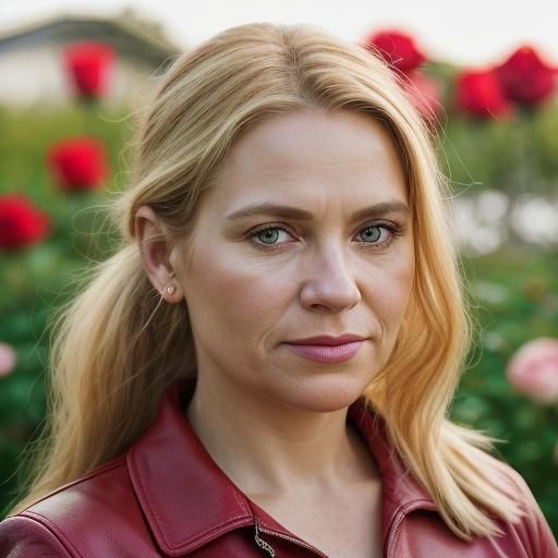 Woman in Red Dress Among Garden Roses