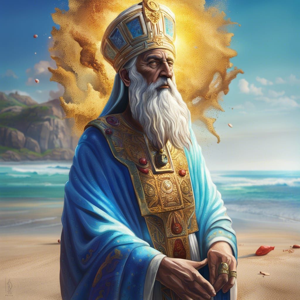 Hyperrealistic Greek Hierophant on a Beach