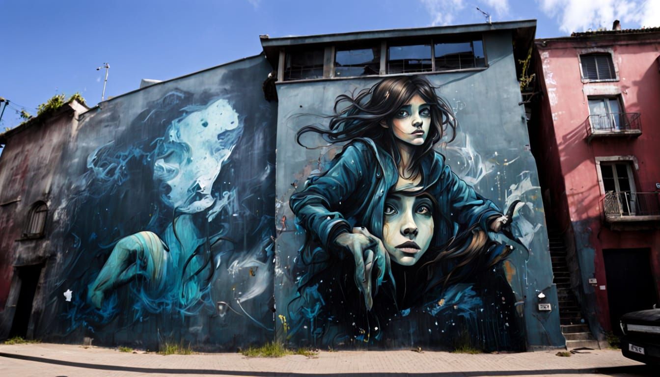 Building Graffiti of Falling Figure in Street Art Style