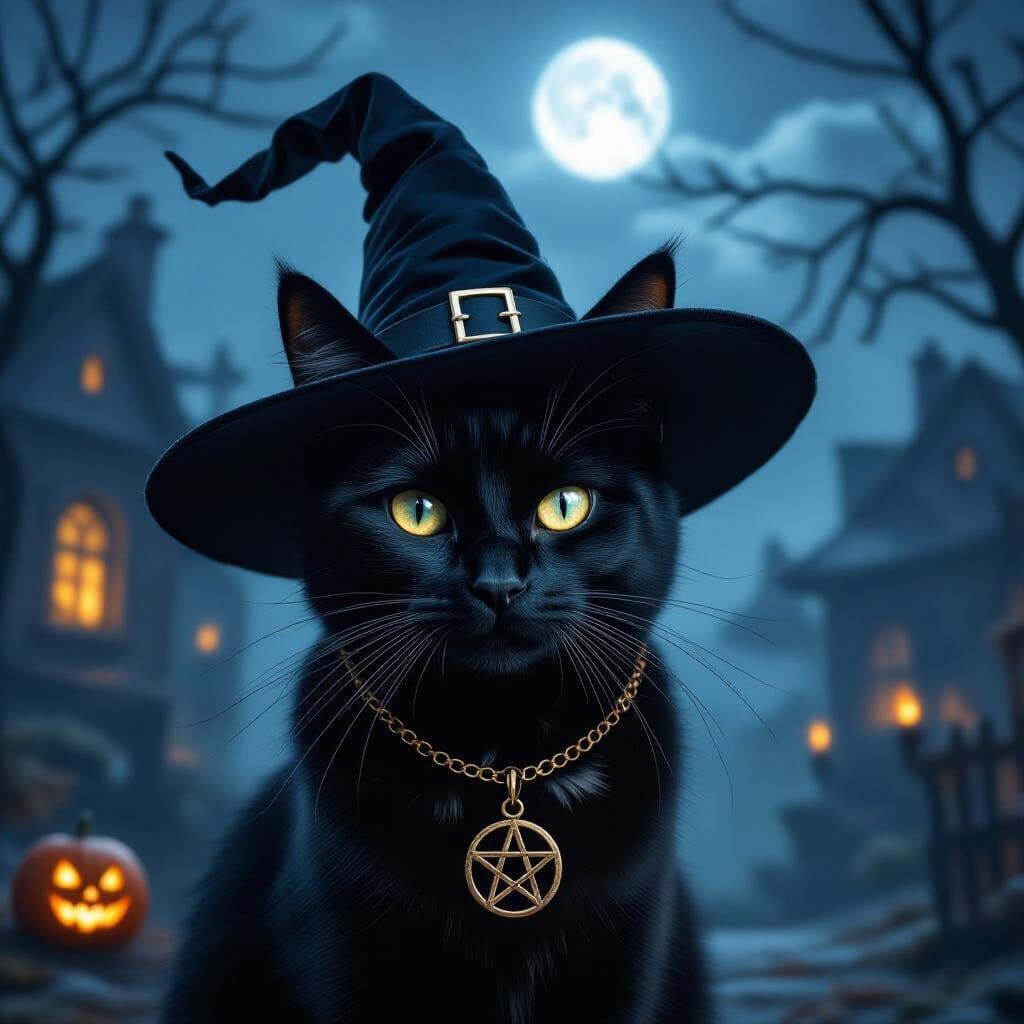 Black Witch Cat on Halloween Midnight