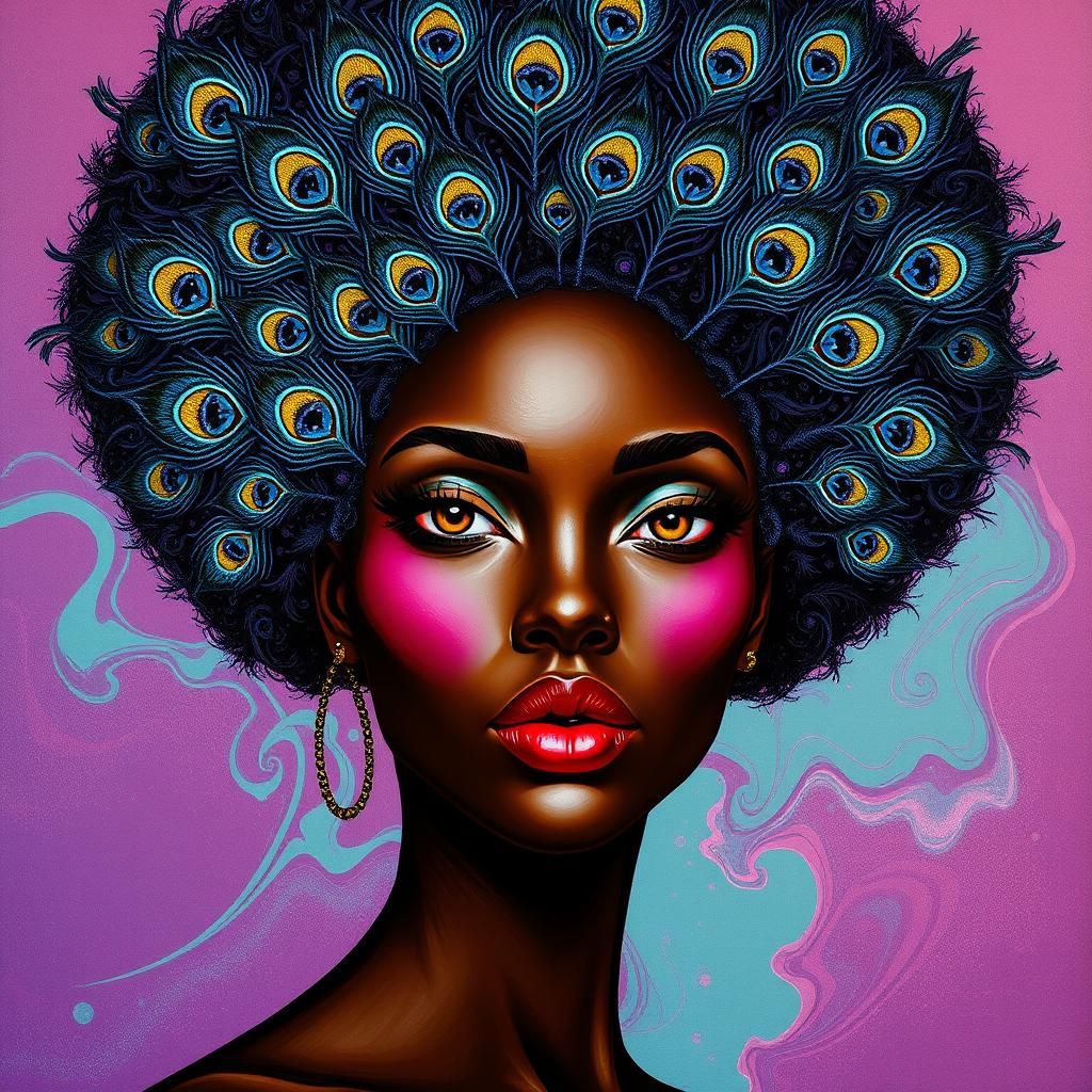 Vibrant Woman with Peacock Feather Hair in Digital Art