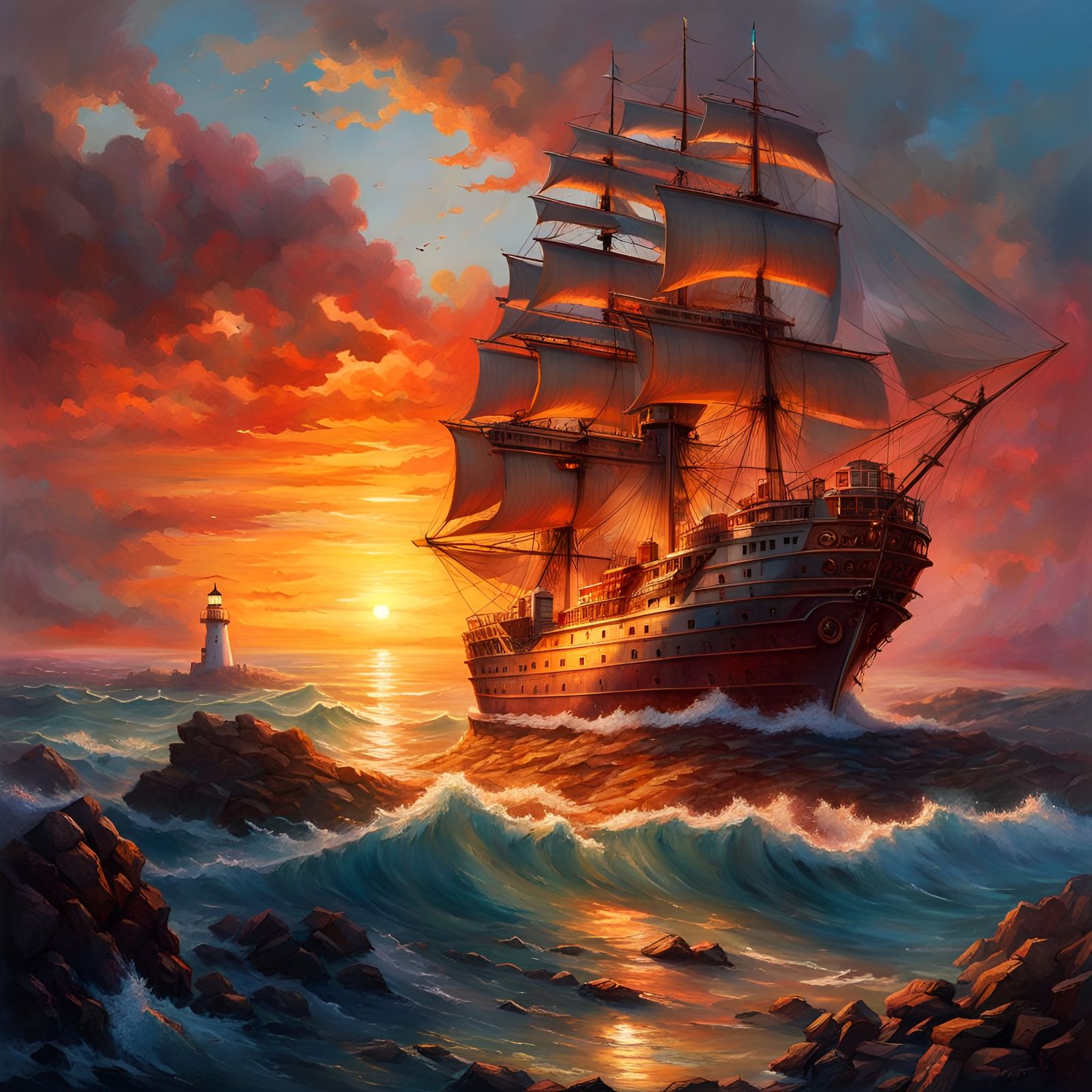 Hyperrealistic Ship and Lighthouse at Sunset
