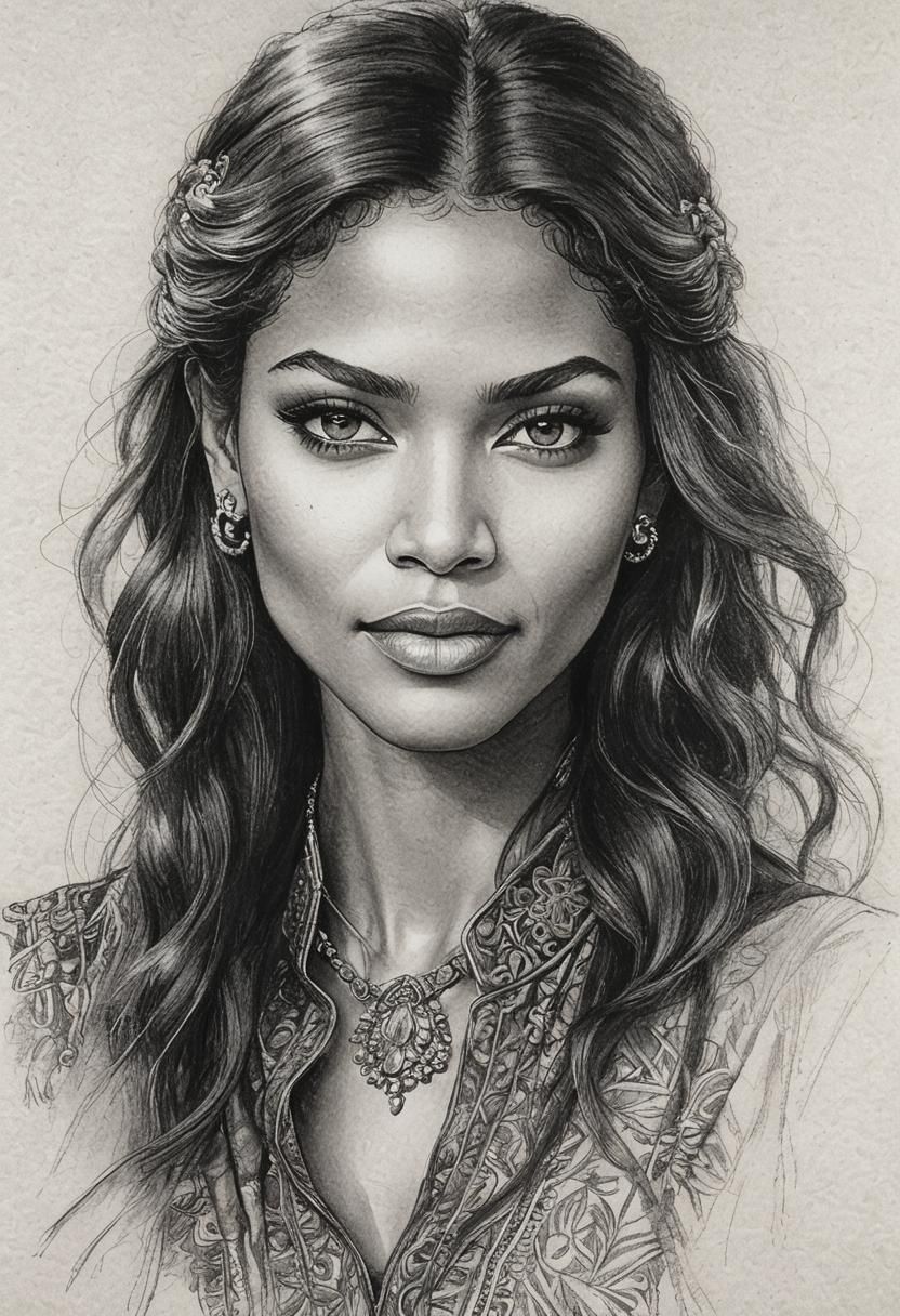 Detailed Pencil Sketch of a Flamboyant Model