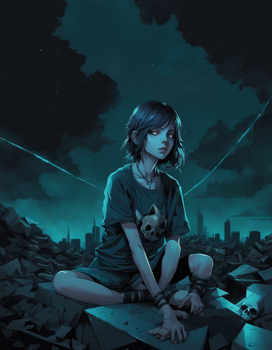 Ethereal Anime Girl Lost in Gritty Urban Landscape