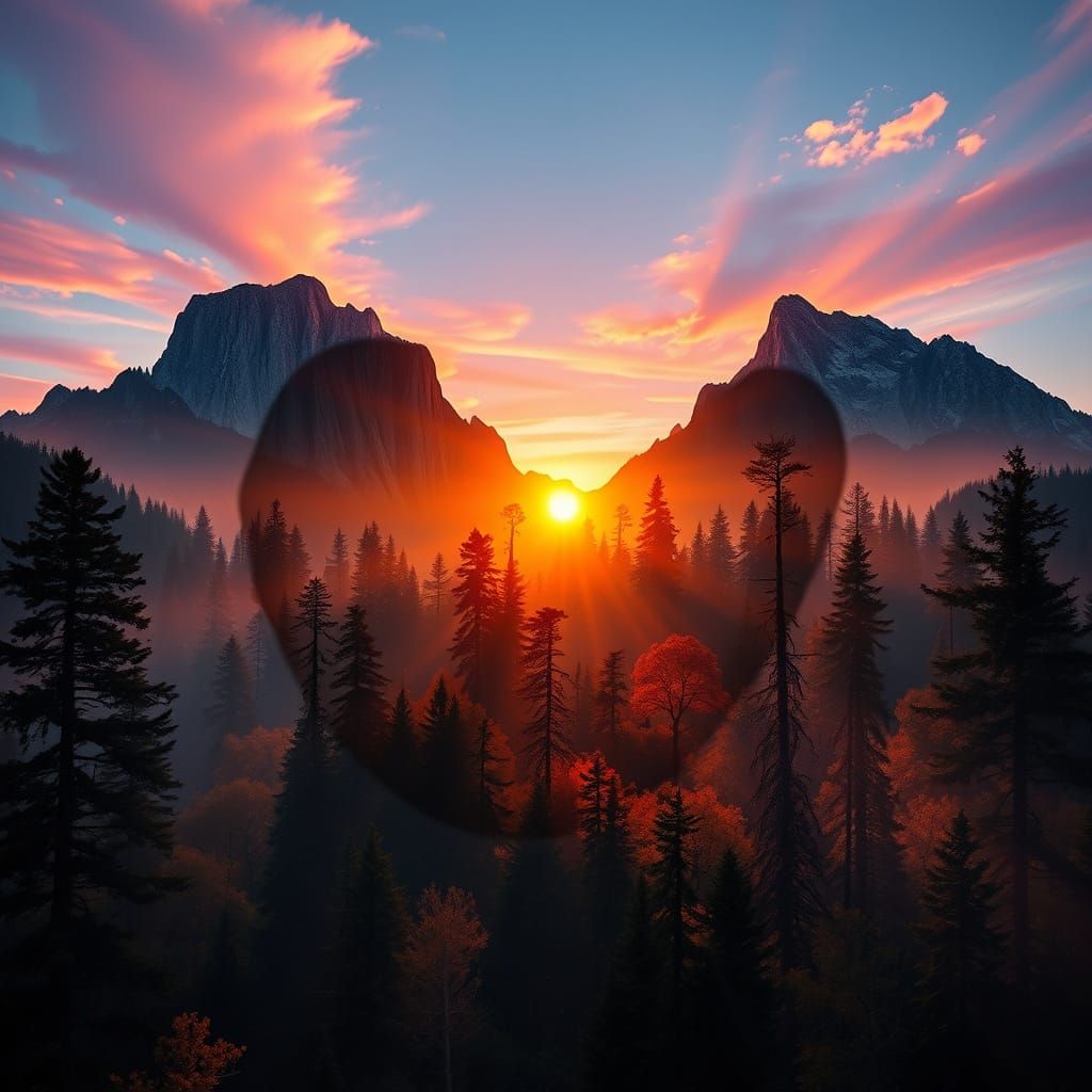 Surreal Double Exposure: Face Merged with Sunrise Forest