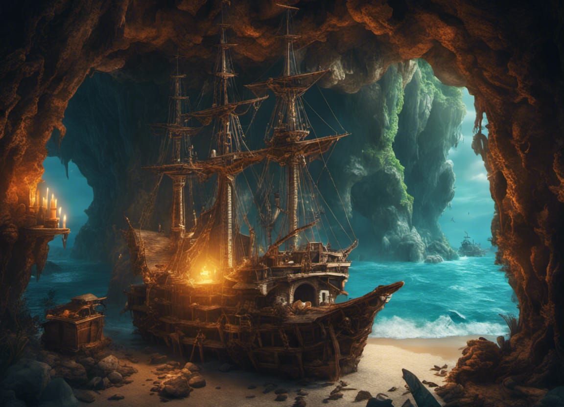 Pirate's Treasure Cave on the Ocean in Detailed Matte Painti...