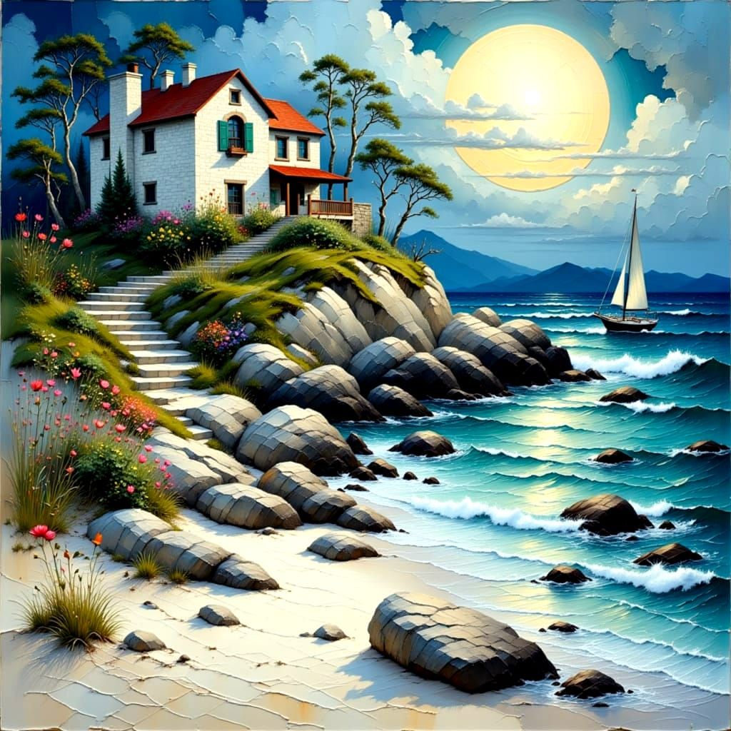 Surreal Beach House Scene in Impasto Oil Painting