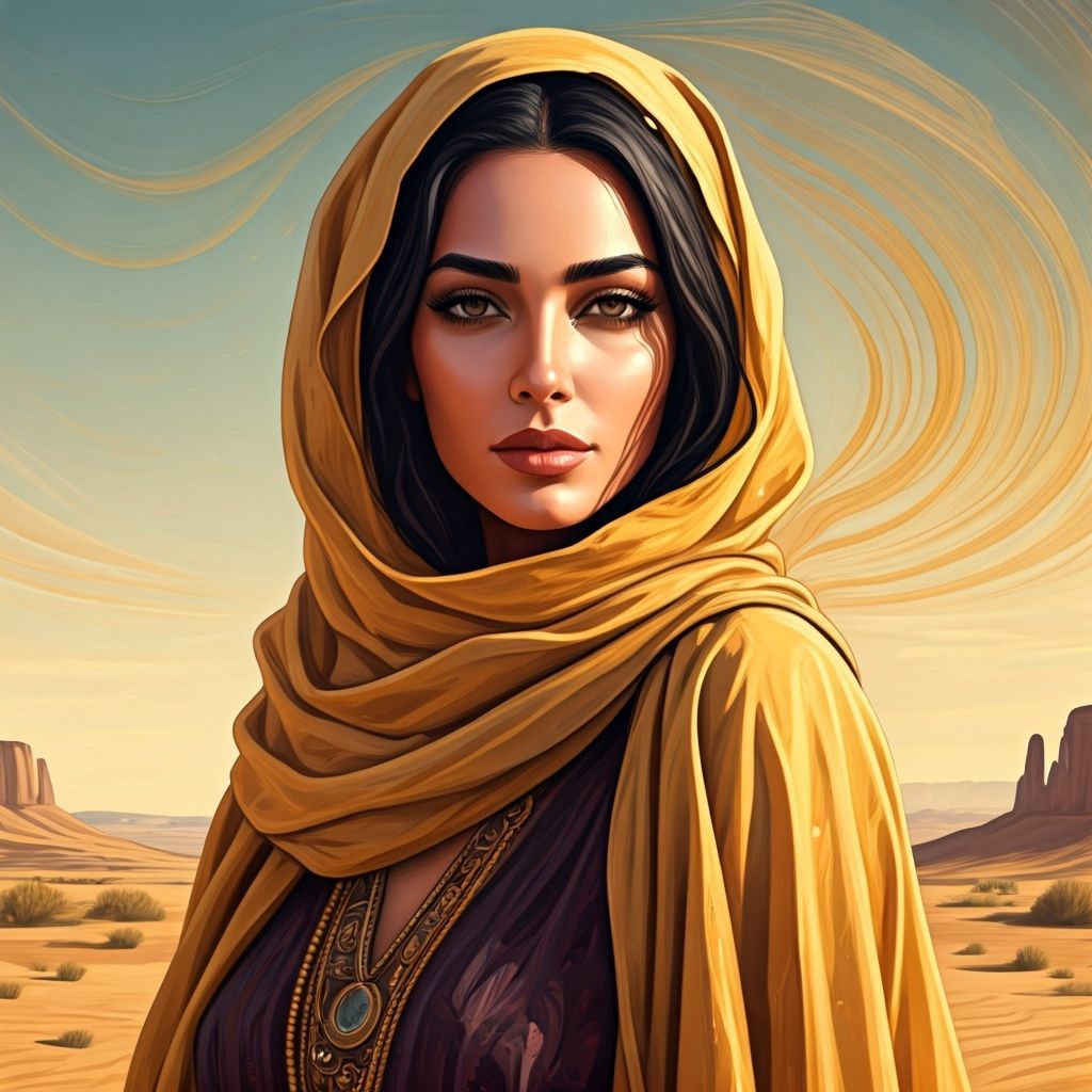 Middle Eastern Woman in Golden Scarf in Desert Landscape