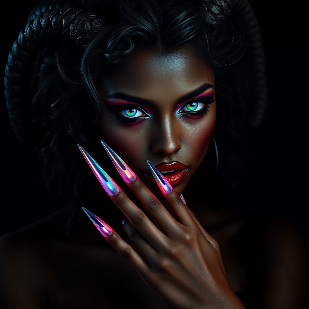 Dark Fae Vampiric Beauty with Twisted Horns and Rainbow Eyes