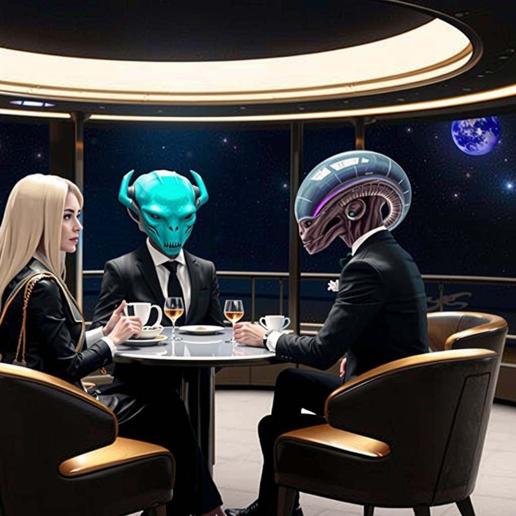 Elegant Sci-Fi Café Ambassadors Confer in Secret