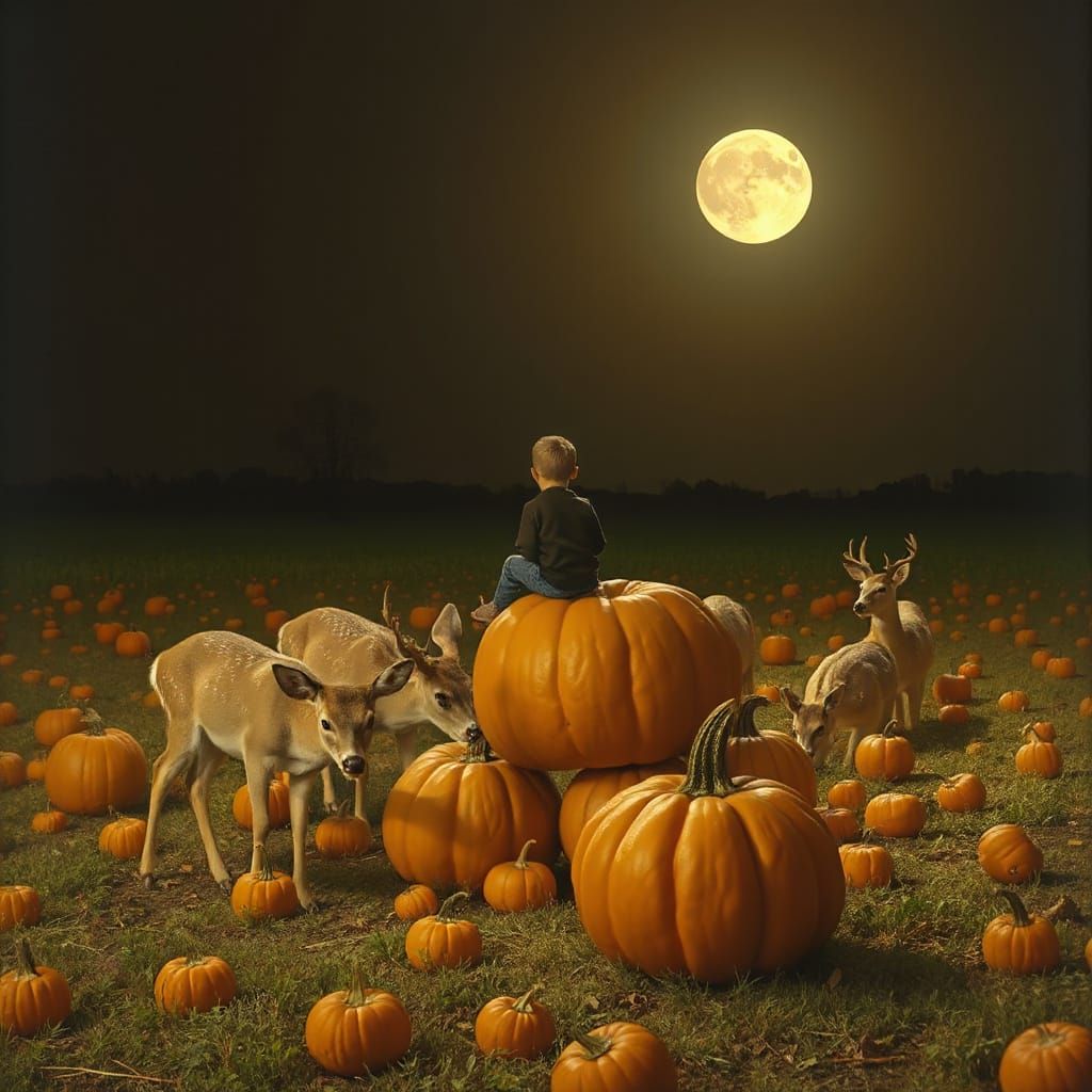 Deer and Boy in Moonlit Pumpkin Field
