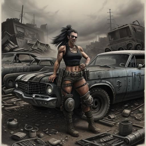 Post-Apocalyptic Junkyard Girl with Muscle Car, Charcoal Art
