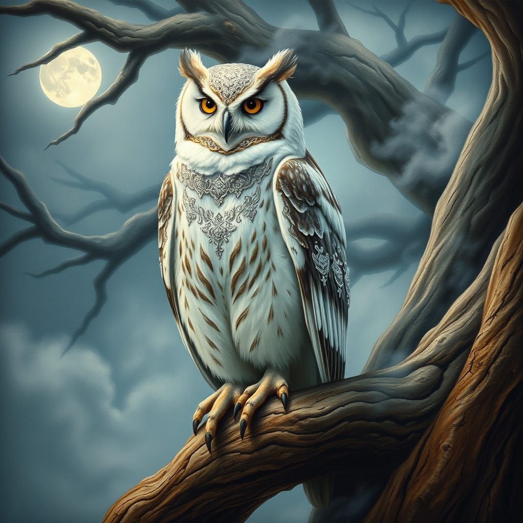 Majestic Owl in Elegant White Robes, Standing on Ancient Oak...