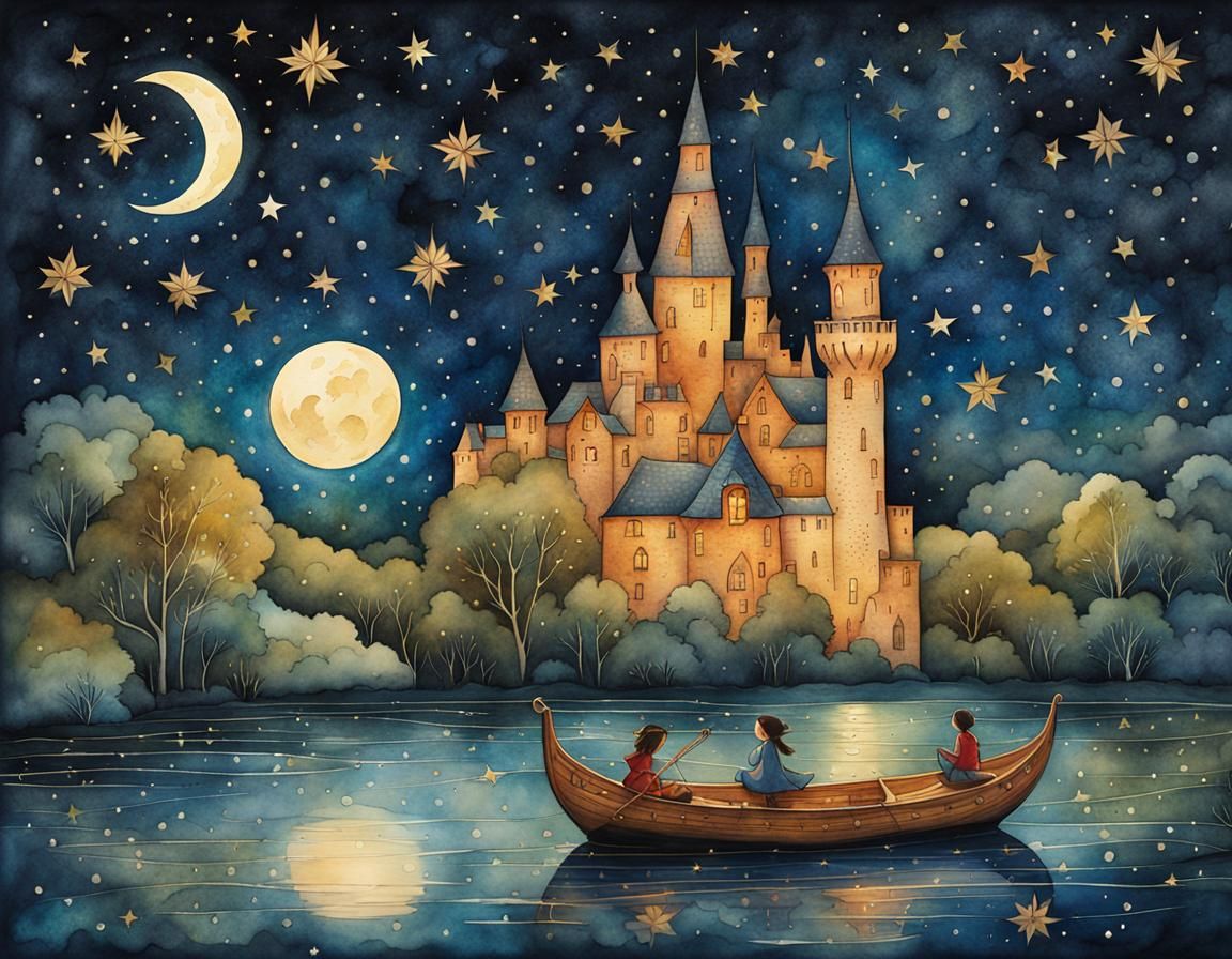 Magical Starry Night Illustration in Watercolor Style