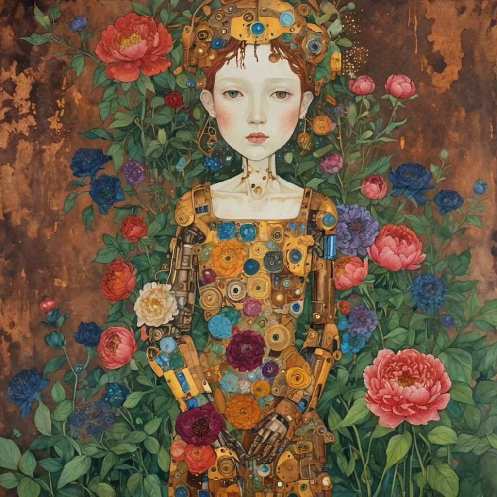 Female Robot Among Peonies in Alcohol Ink Style