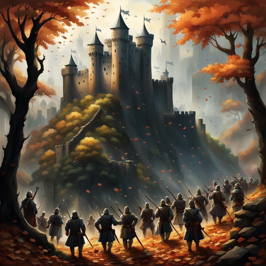 An army of toys tear acrost a hill like rain pouring down in a shadow of fallen leaves. The commander lowers his arm and...