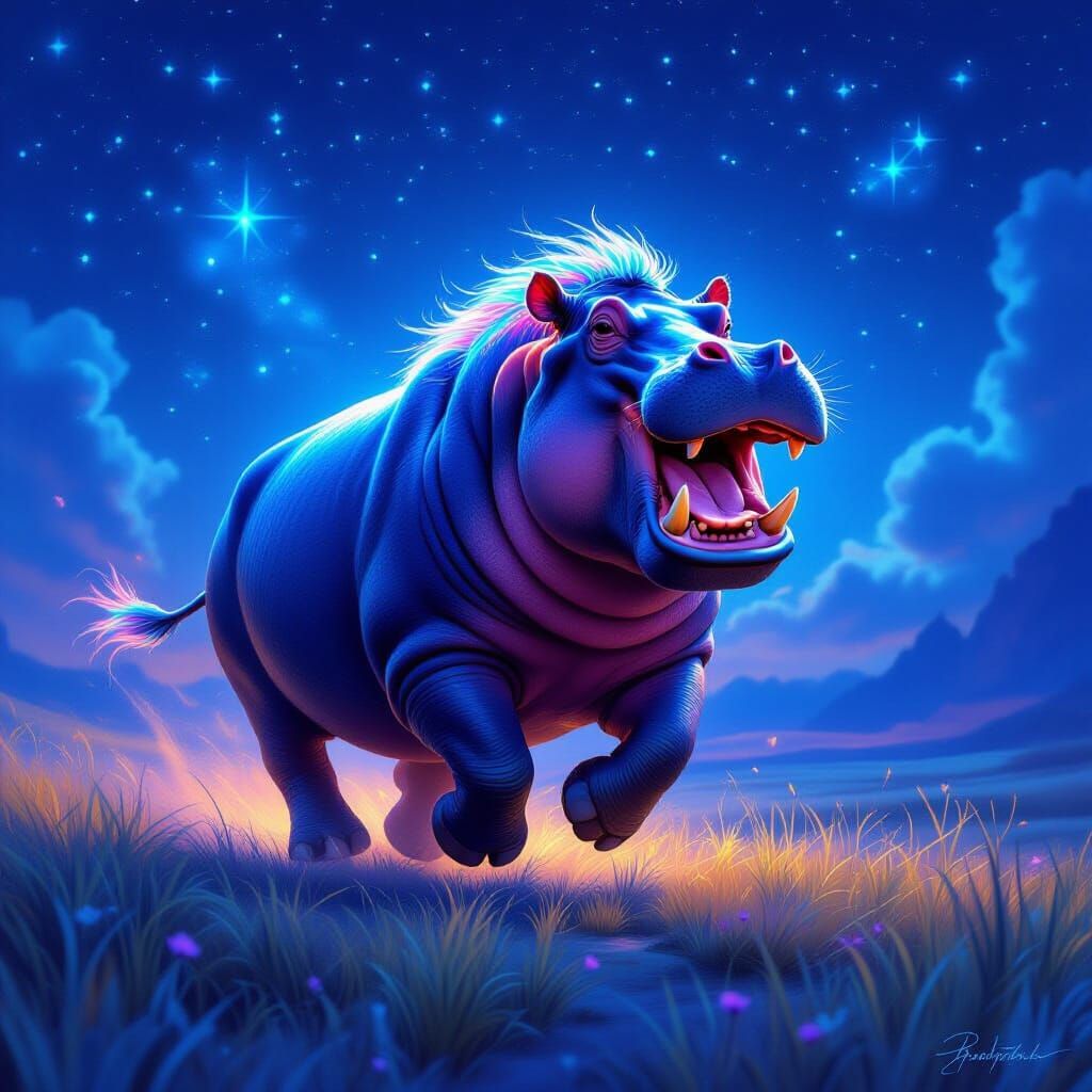 Majestic Hippo Gallops Across Starlit Plain in Digital Paint...