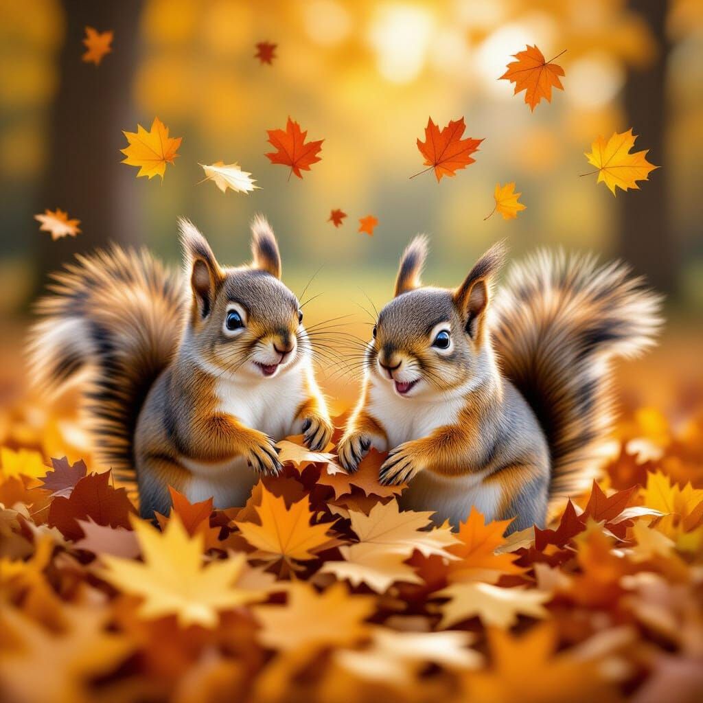 Playful Squirrels Frolicking in Colorful Autumn Leaves