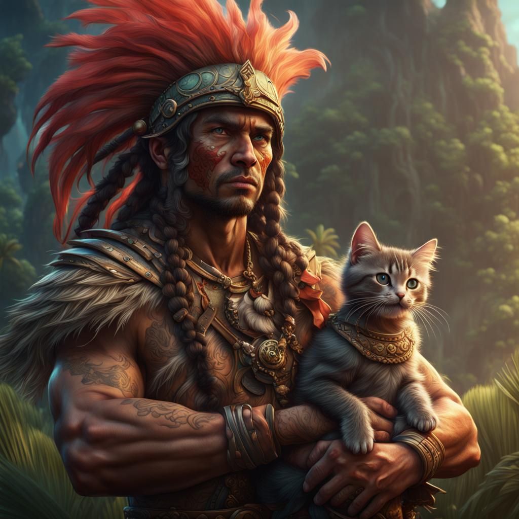 Hawaiian Warrior Holding Kitten: Detailed Fantasy Art