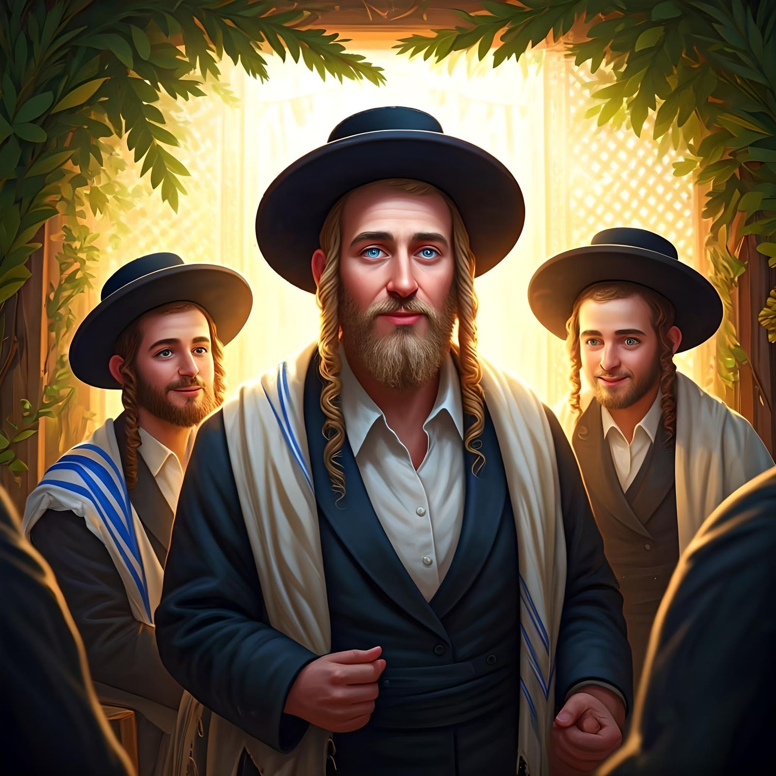 Hasidic Jews Rejoicing in a Decorative Sukkah