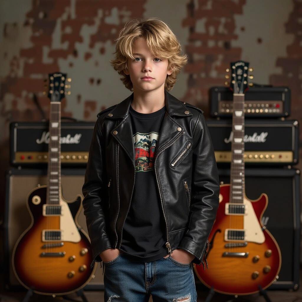 German Boy with Guitars in Retro-Industrial Style