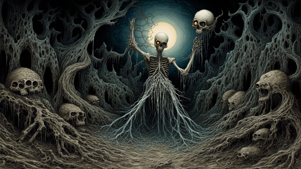 Skeleton Sorcerer in Dark Crypt with Glowing Skull