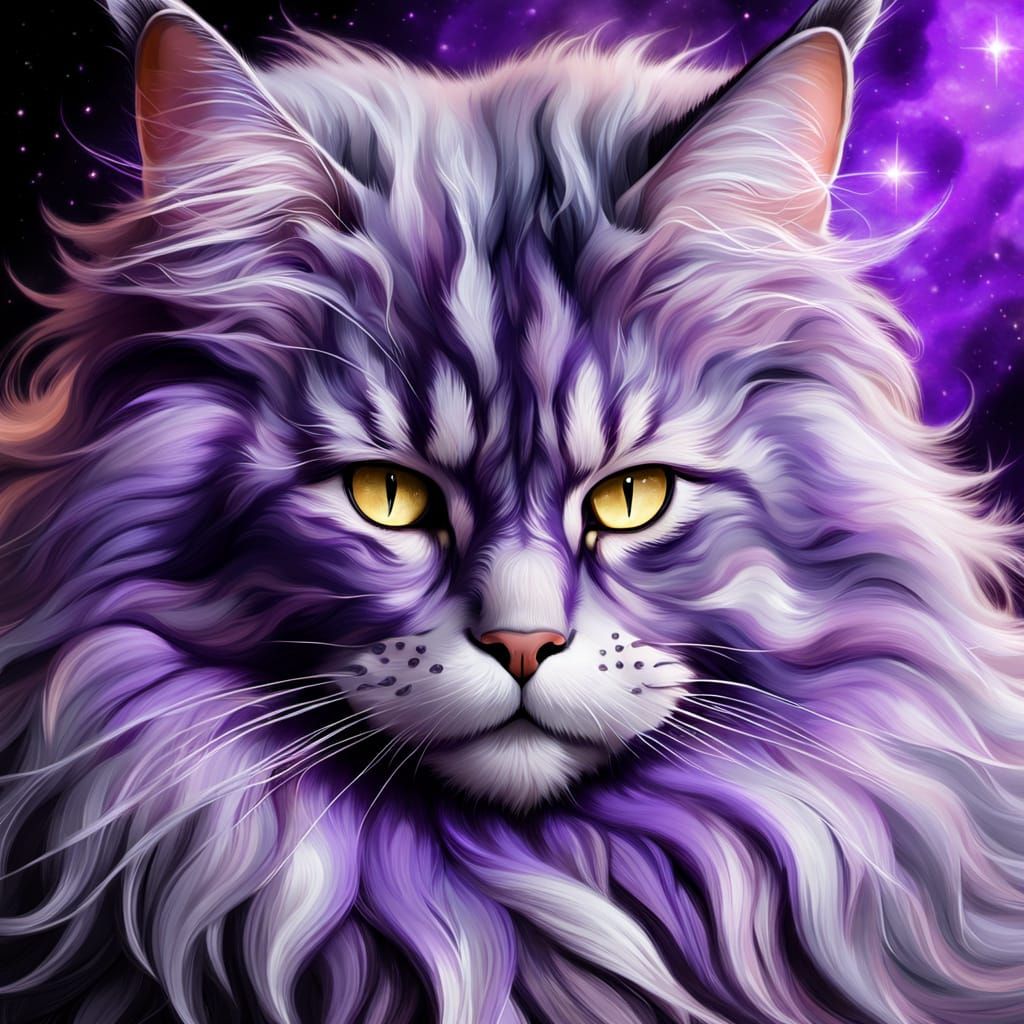 Majestic Maine Coon on Purple Cloud: Fantasy Art