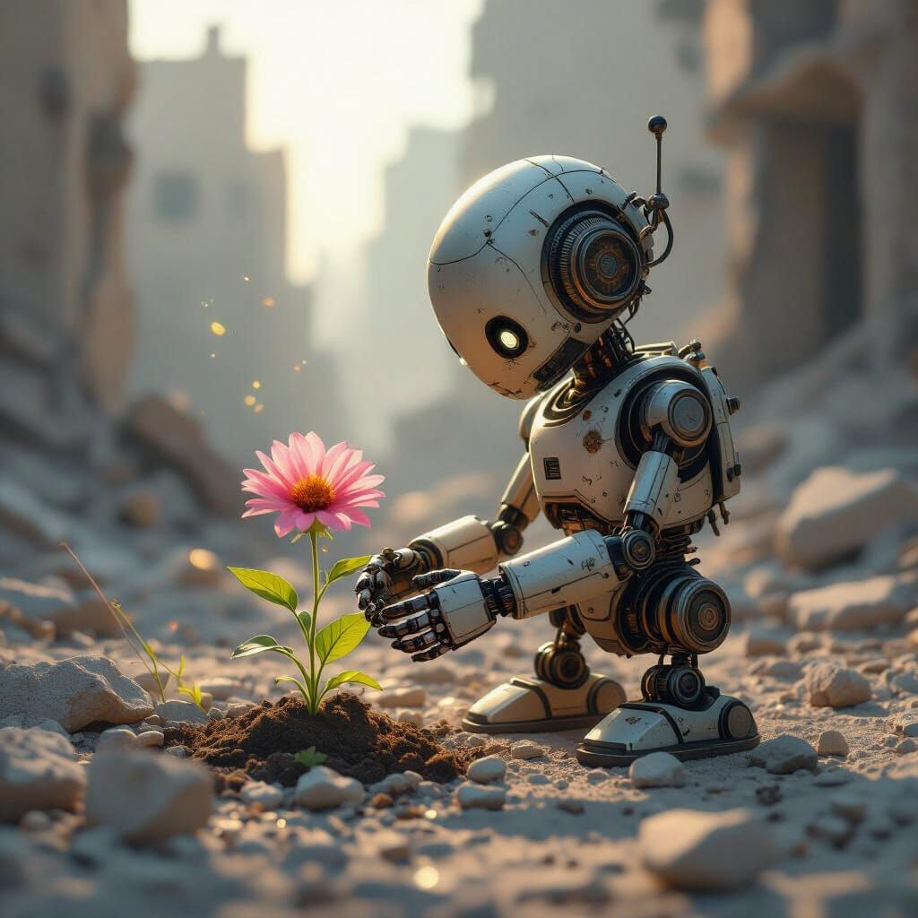 Hopeful Robot Plants Flower in Ruined City at Dawn