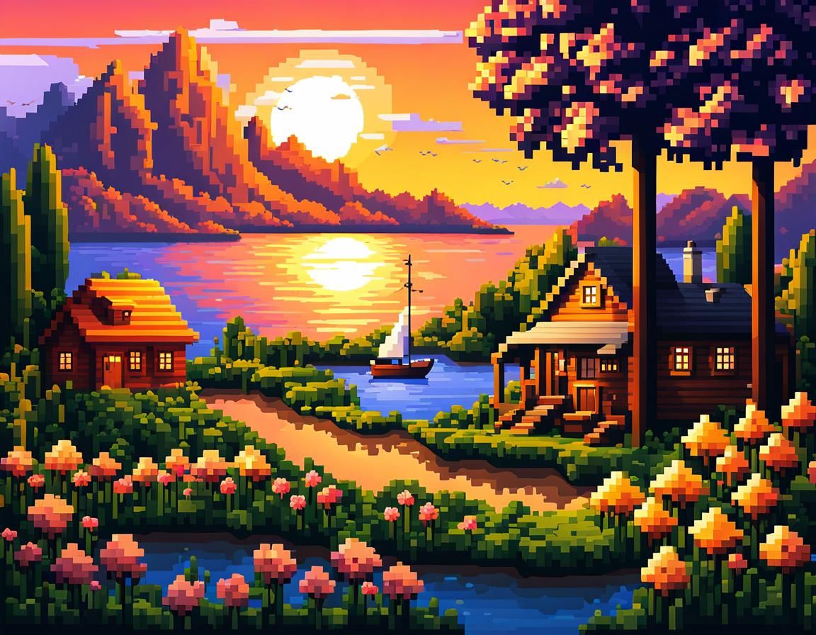 Pixel Art Sunset Landscape with Sailboat