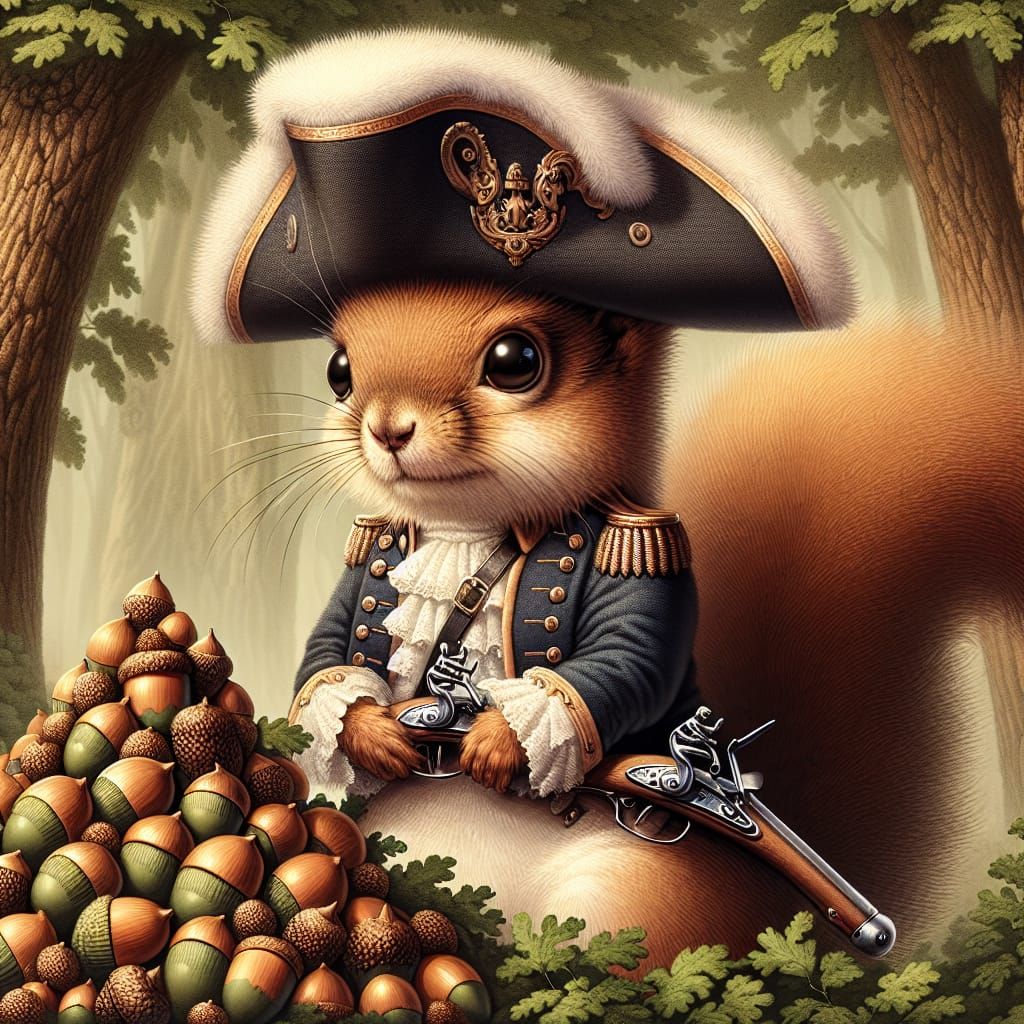 Squirrel Sentinel Protecting Acorns, Airbrush Illustration