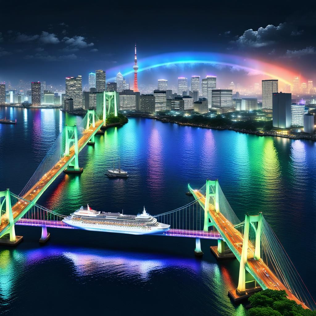 Tokyo Skyline with Rainbow Bridge at Night