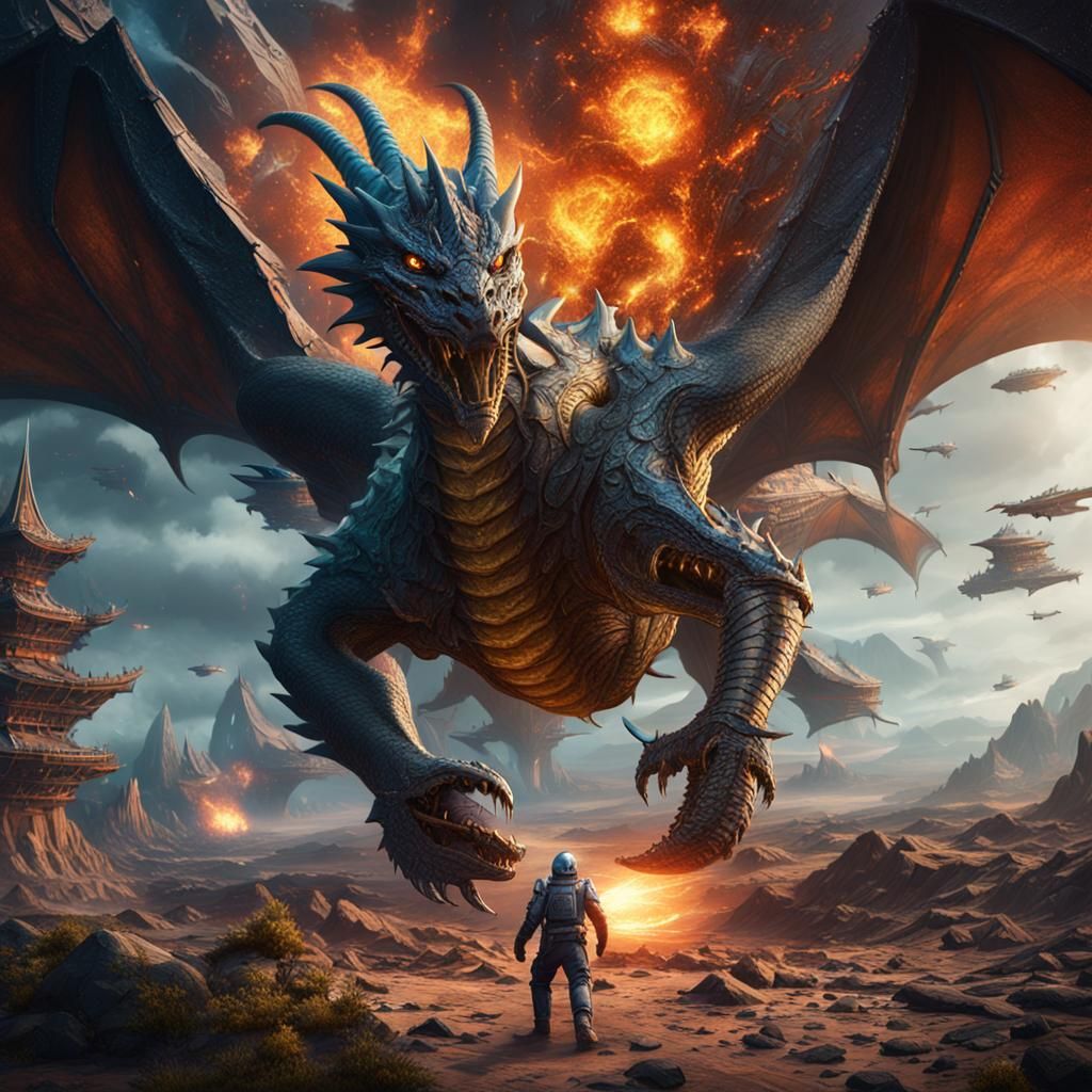 Dragon Battles Spaceship in Detailed Matte Painting