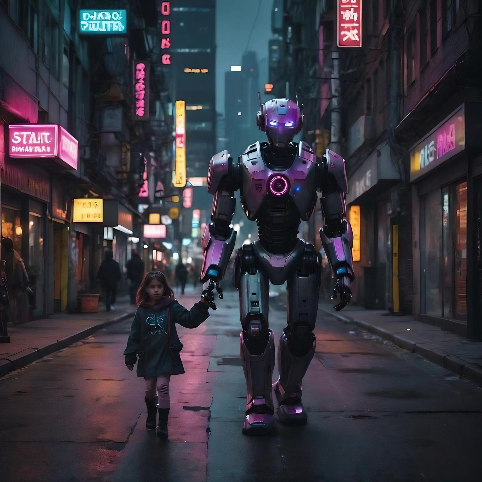 Cyberpunk Robot Accompanies Girl in Neon City