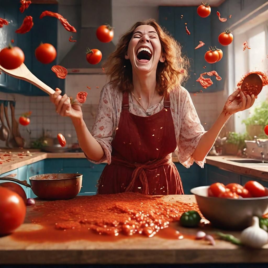 Laughing Sorceress in Kitchen with Flying Food