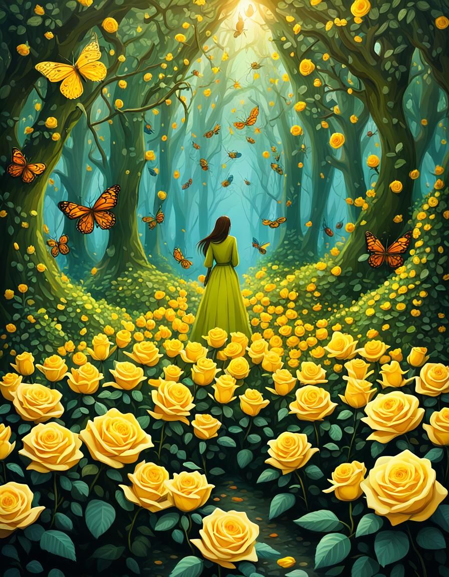 Woman in Spiral Lands with Yellow Roses