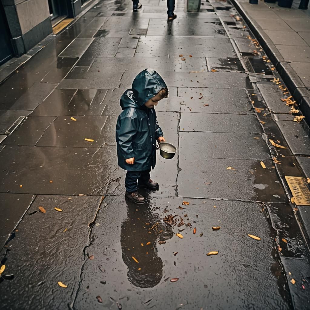 Boy in Raincoat Saving Worms: Cinematic Film Still