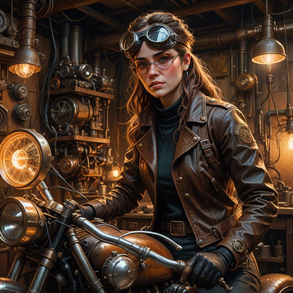 Steampunk Mechanic at Work as Oil Painting