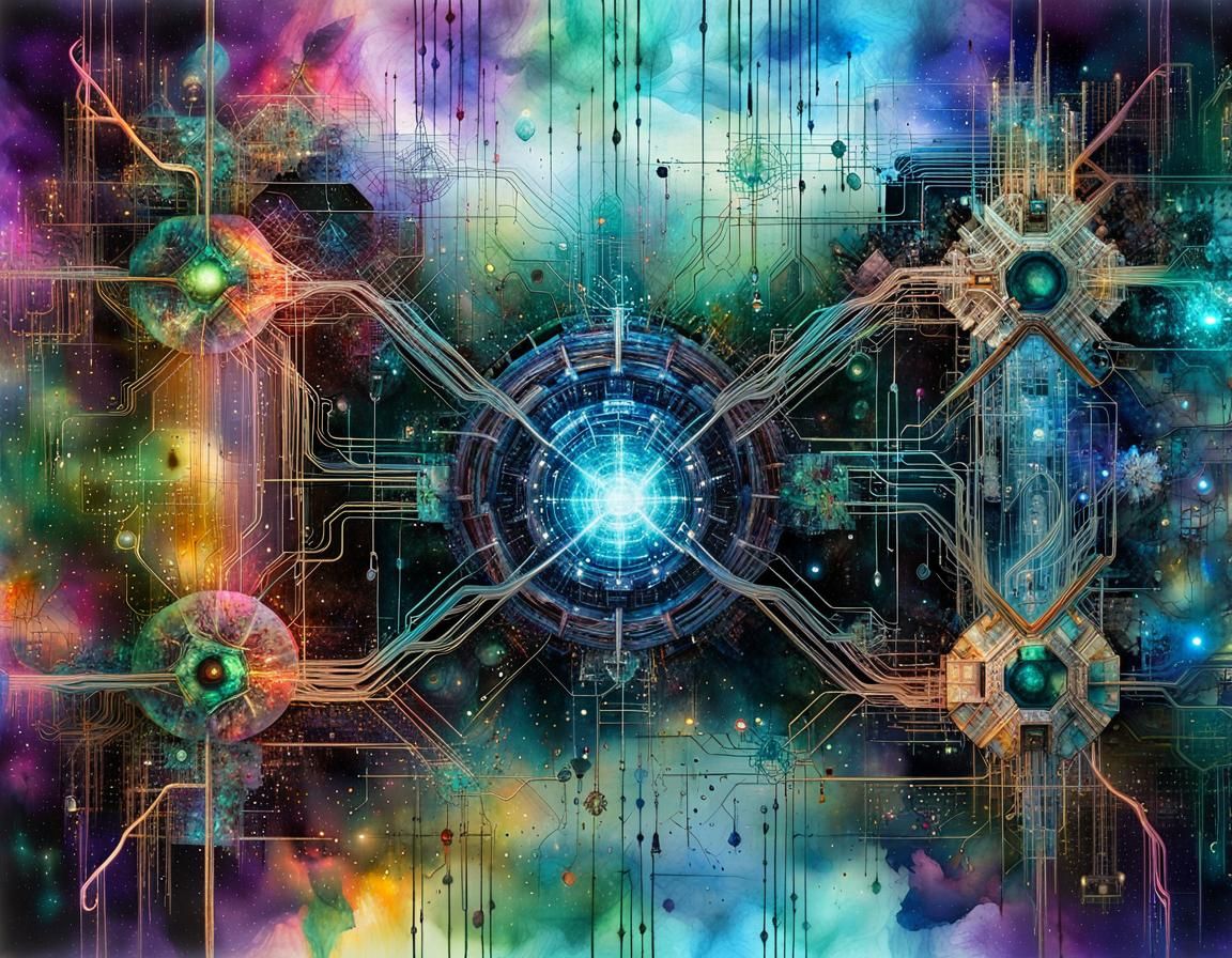 Networked Circuitry Universe in Watercolor Style