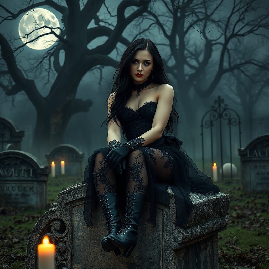 Ethereal Gothic Siren in Moody, Moonlit Cemetery