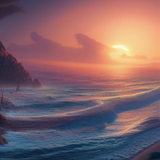 Sunset Beach Fantasy Concept Art in 8K