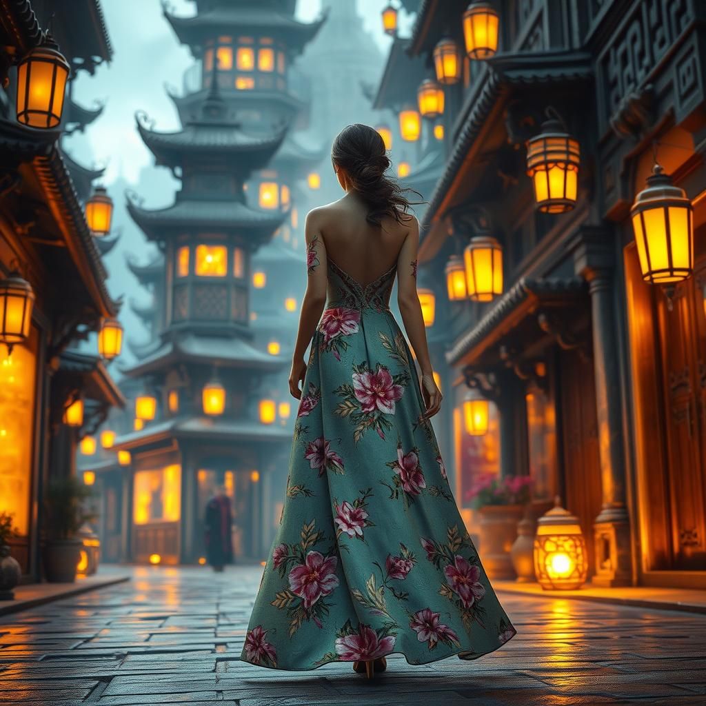 Mystical Street Scene with Woman in Floral Gown