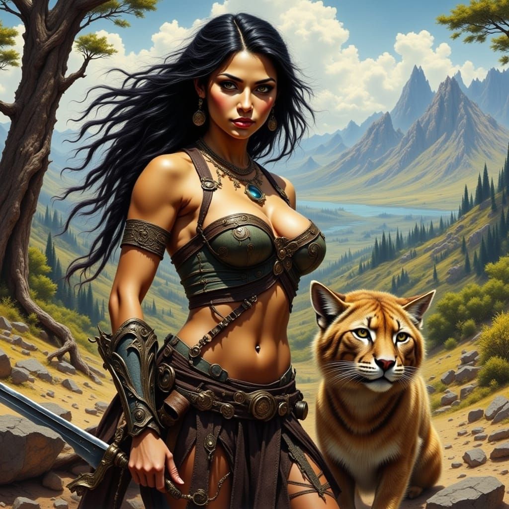 Latina Warrior Huntress with Mountain Lion Companion