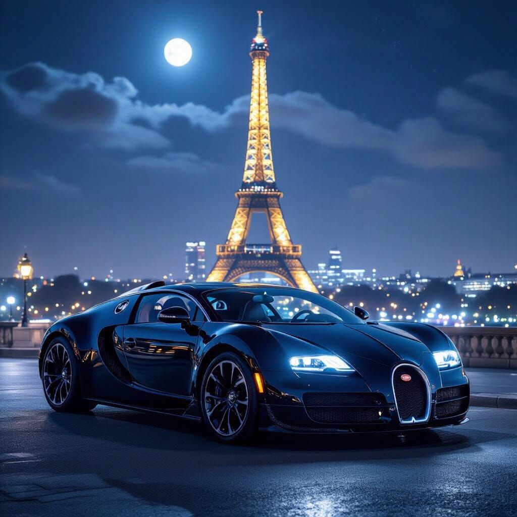 Sleek Black Bugatti Veyron by Eiffel Tower at Night