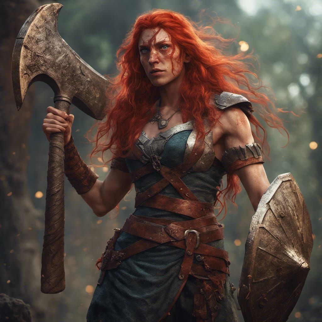 Red-Haired Amazon Warrior with Axe in Detailed Digital Art