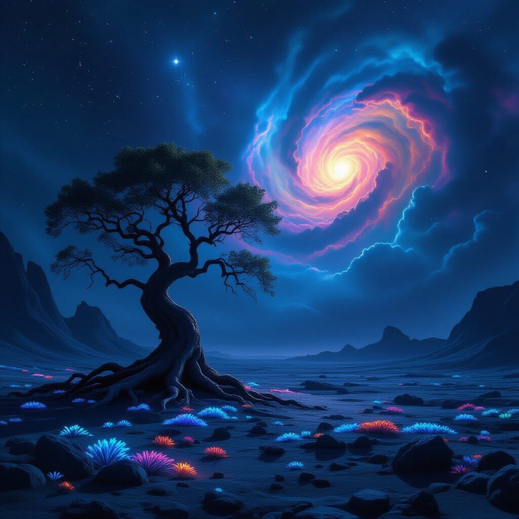 Ancient Tree on Alien Planet Under Nebula