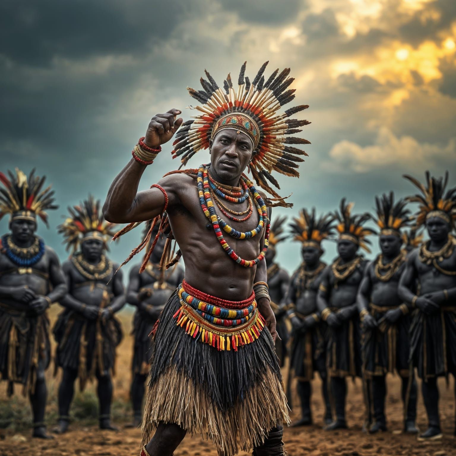 African tribal leader doing a war dance in front of his warriors.