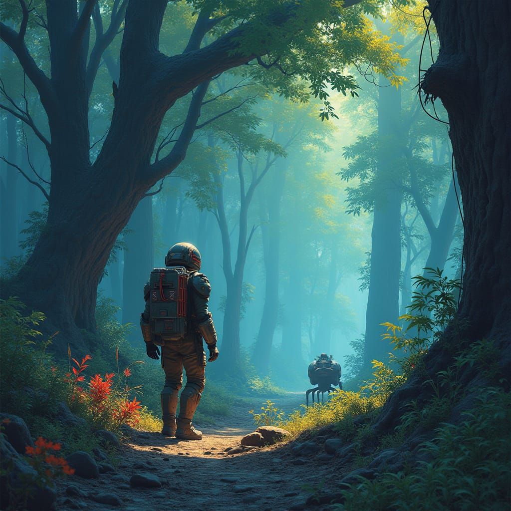 Futuristic Explorer Surrounded by Bioluminescent Jungle in S...