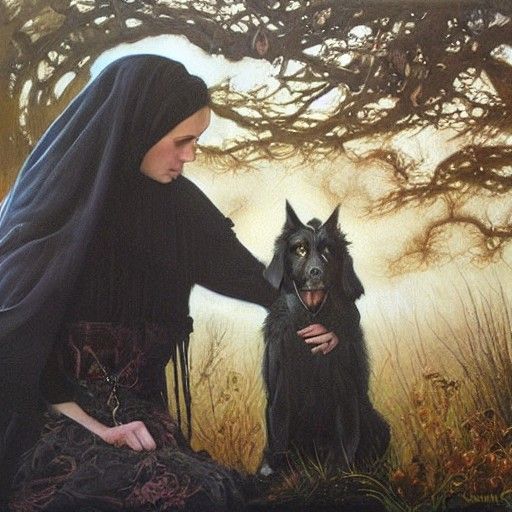 Gothic Goddess and Dog, Oil Painting