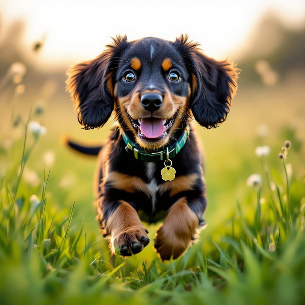 Playful Puppy Running in Dreamy Meadow