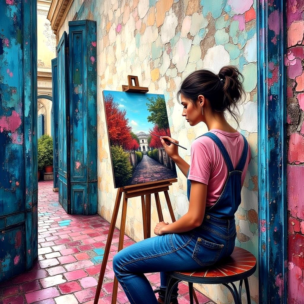 Young Woman Painting in Dreamscape Impasto Oil Painting